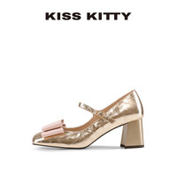 KISSKITTY玛丽珍鞋2025金粉粗跟女鞋高跟鞋法式气质皮鞋单鞋 金粉色 38