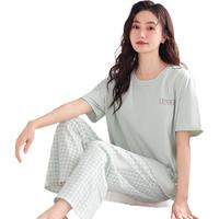浪莎【100%棉】女士睡衣女夏季舒适简约格子短袖长裤家居服套装可外穿