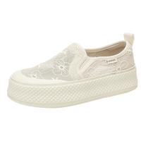 达芙妮小白鞋女鞋2025厚底渔夫鞋透气网面一脚蹬夏季网鞋 米杏 37