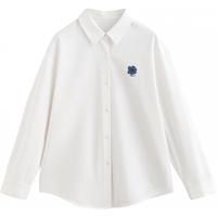 初语纯棉翻领衬衫女2025春季绣花上衣休闲通勤百搭打底衬衣 米白色 S