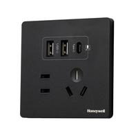 霍尼韦尔（Honeywell）开关插座面板哑光 五孔带双USB+Type-c 15W快充T3黑