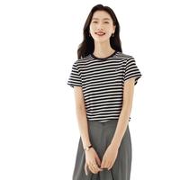 夏季时尚莱赛尔条纹短袖女t恤高级感宽松显瘦刺绣圆领上衣