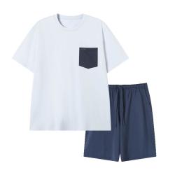 京东京造 10A抗菌纯棉睡衣男短袖套装25春夏家居服蓝L