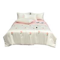 红豆夏季轻奢刺绣冰丝四件套裸睡高级感空调夏凉被套件床上用品可机洗 小红花-奶白粉 【丝滑凉爽裸睡】 1.8*2.2m夏凉被四件套/ 床单款 .