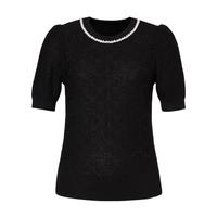 珂莱蒂尔夏季气质通勤舒适短袖时尚钉珠针织衫女上衣 黑色 S