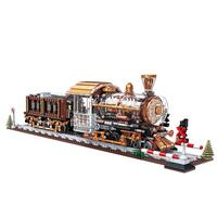 哲高积木拼装蒸汽朋克火车站复古列车模型摆件儿童玩具成人