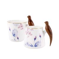 玛戈隆特【佳选】荷莲盛宴骨瓷水杯杯子家用大容量马克杯茶杯礼盒包装 木把手小鸟杯 2个 500ml