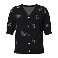 珂莱蒂尔女装春季淑女蝴蝶印花V领中袖上衣套头衫 黑色 L
