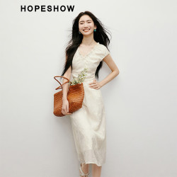 红袖 垂感甜美连衣裙2025夏季女装重工刺绣花边V领夏日绝美小裙子 浅米005