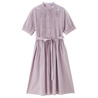 夏季气质淑女范小立领天然麻棉压褶绑带梭织连衣裙女