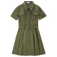 夏季薄纯棉梭织工装衬衫连衣裙口袋配腰带连衣裙女款