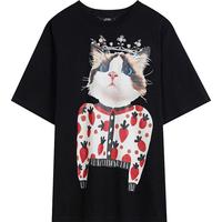 2025年夏季猫咪印花珍珠T恤女圆领重工百搭遮肉短袖上衣