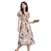 南屏晚风水墨画印花绑带连衣裙女春夏方领泡泡袖长裙