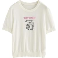 初语字母猫咪提花仿亚麻圆领短袖针织衫女2025夏季合体上衣 米白色 L