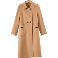 晚白【直降】冬款时尚翻领牛角扣休闲减龄双面呢长款羊毛大衣女 驼色 M