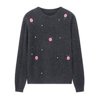 Basic House/百家好冬季气质百搭宽松时尚刺绣休闲长袖针织毛衣女 黑 L