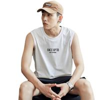 唐狮夏季汗衫背心男圆领宽松外穿坎肩无袖t恤纯棉白色圆领上衣潮t