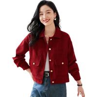 初申秋冬厚外套女新年红小香风复古加棉保暖夹克外套S34D006 绯红加厚 M