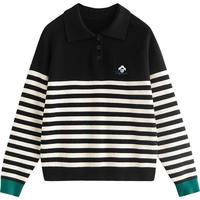 初语条纹毛衣女套头修身小个子POLO领宽松显瘦针织衫 黑白条 S