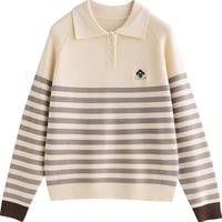 初语条纹毛衣女套头修身小个子POLO领宽松显瘦针织衫 杏白条 S