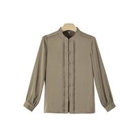 晚白【直降】通勤衬衣纯色百搭休闲立领长袖复古衬衫女 深棕色 L