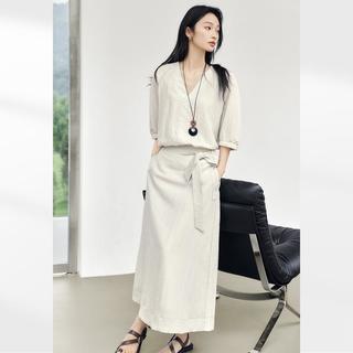 2025夏装法式高级莱赛尔V领女式衬衫套装半身裙休闲两件套