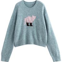 初语穿靴子的猫针织毛衣女2024年秋冬圆领宽松毛织衣减龄上衣 薄荷绿 常规 L