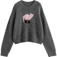 初语穿靴子的猫针织毛衣女2024年秋冬圆领宽松毛织衣减龄上衣 花灰色 常规 S