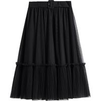 红袖夏季女装 宽腰头压褶网纱半身裙 黑050 XS