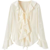 乐町甜美少女感白色荷叶边衬衫女2024夏季时尚百搭肌理感衬衣 米白 S