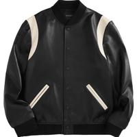 太平鸟男装 秋冬真皮皮衣潮流撞色棒球服BYBDC4F05 黑色 S