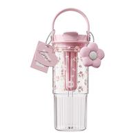 世大家水杯塑料杯女士吸管杯高颜值大容量耐高温tritan茶水分离杯子 花漫蔷薇+背带+茶仓 860ml