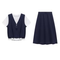 Basic House/百家好夏季休闲套装撞色假两件上衣高腰半身裙两件套 藏青色 S