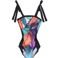 印花一字领抹胸连体泳衣女士修身蝴蝶结肩带泳装