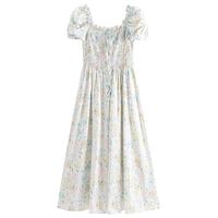 范思蓝恩法式方领浪漫度假感碎花连衣裙2024夏打揽裙子12525 白底红蓝花 S