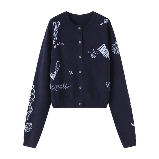 百家好 卡通刺绣开衫外套秋季绵羊毛圆领长袖针织衫女 藏青色 L （105-120斤）