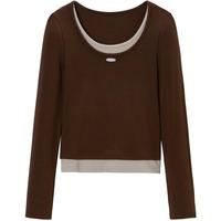 乐町美拉德美式复古假两件长袖T恤女2024秋季修身内搭打底衫 棕色 S