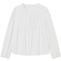 乐町圆领花边小上衣2024年秋季基础百搭轻甜韩系少女全棉长袖 白色 XS