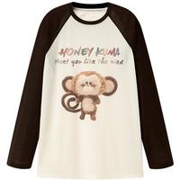 乐町Honey Kuma联名2024夏季小猴子玩偶印花插肩长袖T恤 棕色 L