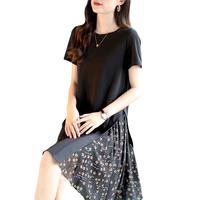莎妮朵罗大码女装夏装胖人显瘦款胖mm遮肚子宽松印花雪纺裙17099 黑色17991 XL 100-120斤穿着
