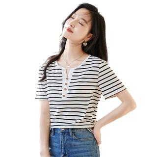 初申夏季短袖T恤女时尚小V领条纹休闲百搭打底上衣S143T1543 L 白色短袖