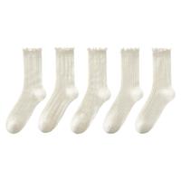猫人女士袜子女夏季薄款【网眼无骨袜】米白袜木耳边透气中筒袜女5双