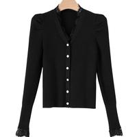 晚白洋气蕾丝针织衫气质显瘦慵懒风毛衣外套女 黑色 XL