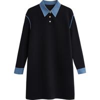 【牛仔拼接连衣裙】春季时髦撞色设计感显瘦卫衣裙女宽松中长裙