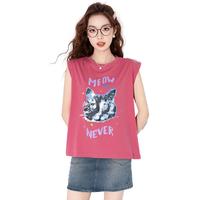 趣味猫咪印花无袖背心T恤女夏季休闲百搭简约圆领显瘦甜酷风背心