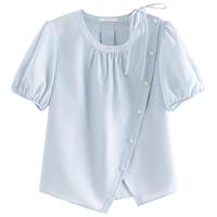 范思蓝恩不对称设计感系带衬衫女夏季2024短袖圆领上衣18050 水波蓝 M