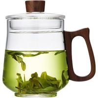 绿昌明 玻璃杯玻璃茶杯泡茶杯办公室家用茶水分离杯月牙过滤绿茶杯加厚耐热防烫木把壶盖扭女男士茶水杯 泡茶杯 480ml