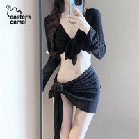 东方骆驼 ;EASTERN CAMEL比基尼泳衣女2025四件套高级感白色性感分体泳衣三亚度假温泉 黑色 S 体重70-90斤