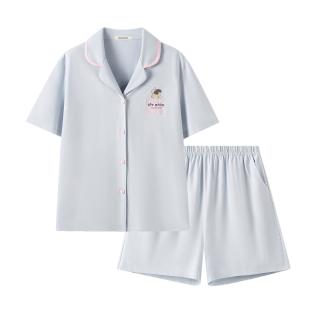 YOUKESHU 夏季女士开衫短袖短裤睡衣女士家居服套装
