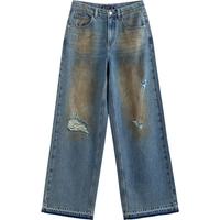 初语泥土蓝脏脏裤2025春季女美式末世废土风宽松阔腿裤子牛仔裤 泥土蓝 29